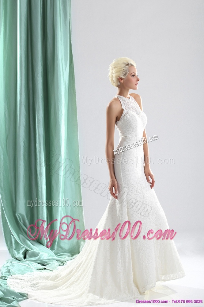 Unique White High Neck Lace Bridal Dresses with Brush Train