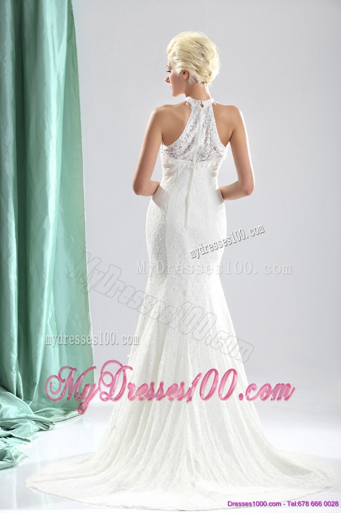 Unique White High Neck Lace Bridal Dresses with Brush Train