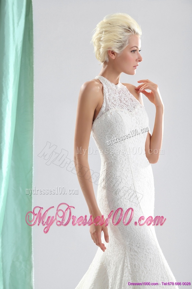 Unique White High Neck Lace Bridal Dresses with Brush Train