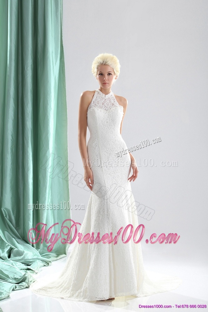 Unique White High Neck Lace Bridal Dresses with Brush Train
