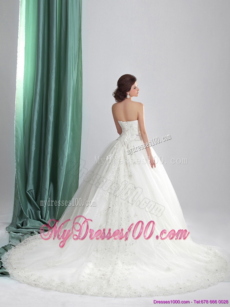 Unique White Sweetheart Bridal Gowns with Appliques and Brush Train