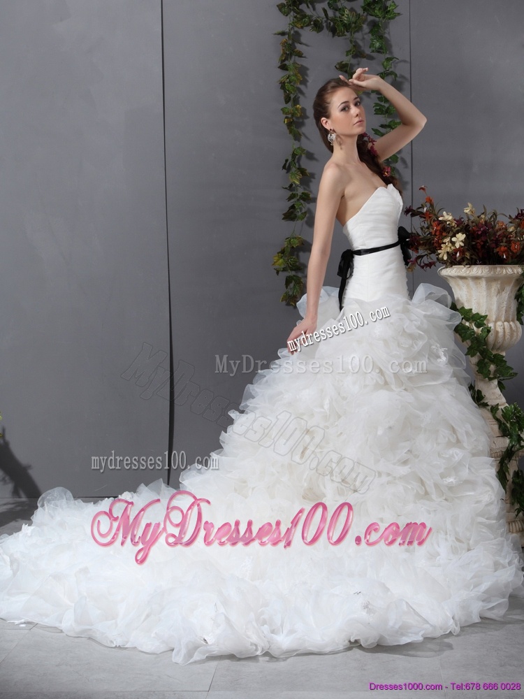 White Chapel Train Ruffled Wedding Dresses with Black Waistband