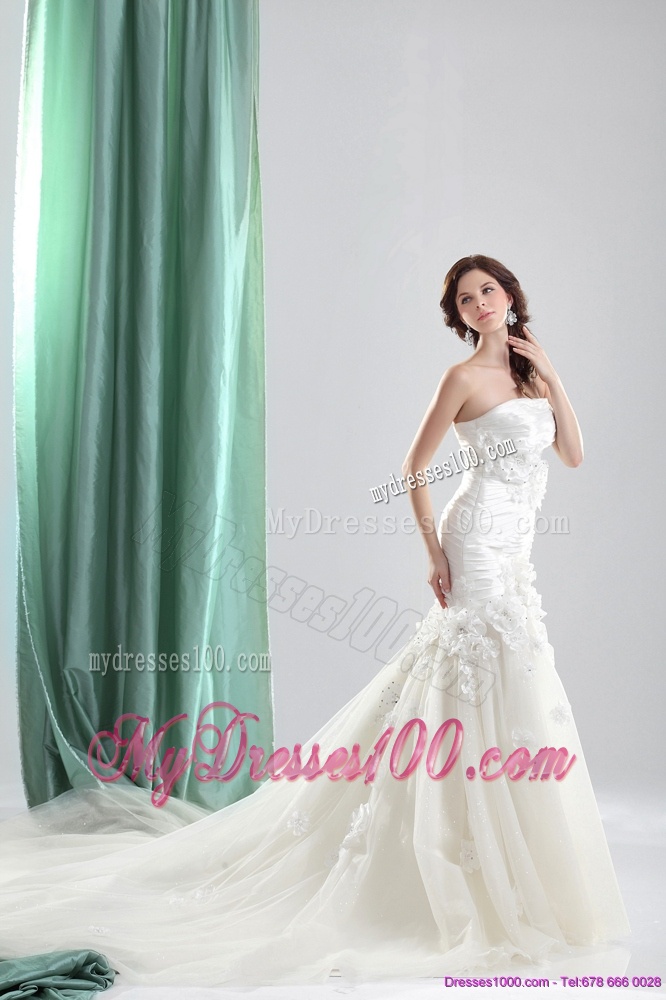 White Chapel Train Strapless Wedding Dresses with Ruching and Hand Made Flowers