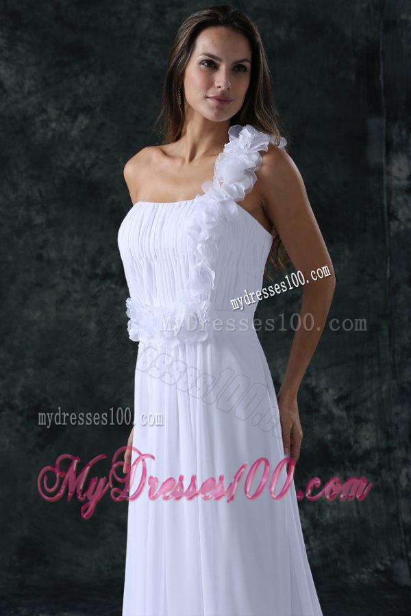 White Empire One Shoulder Ruching Brush Train Chiffon Wedding Dress