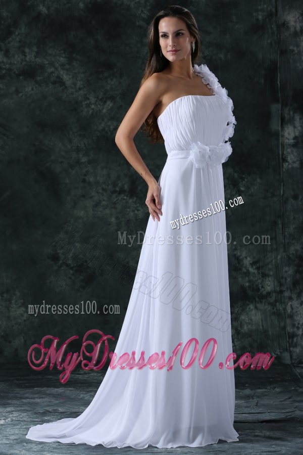 White Empire One Shoulder Ruching Brush Train Chiffon Wedding Dress