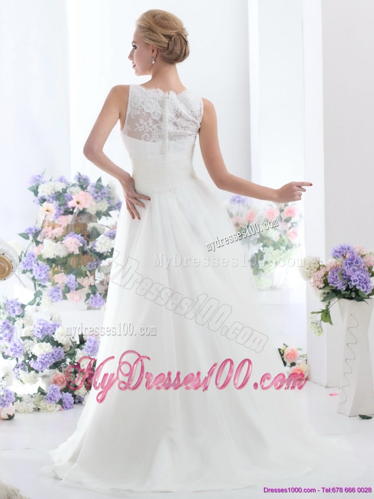 White High Neck Laced Wedding Dresses with Brush Train