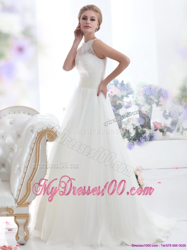 White High Neck Laced Wedding Dresses with Brush Train