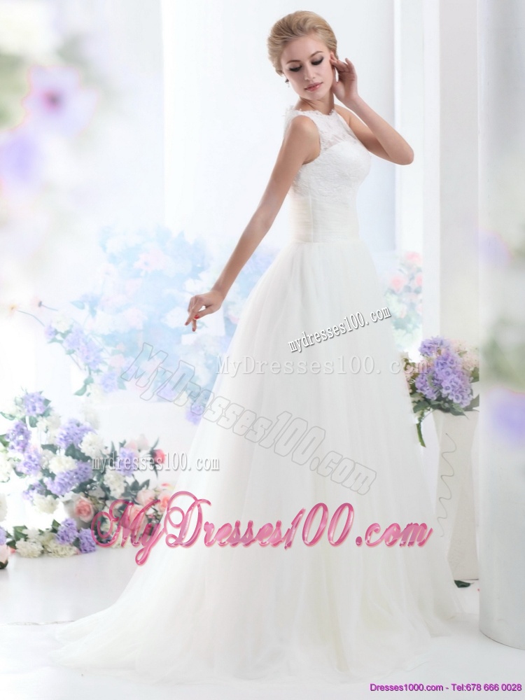 White High Neck Laced Wedding Dresses with Brush Train