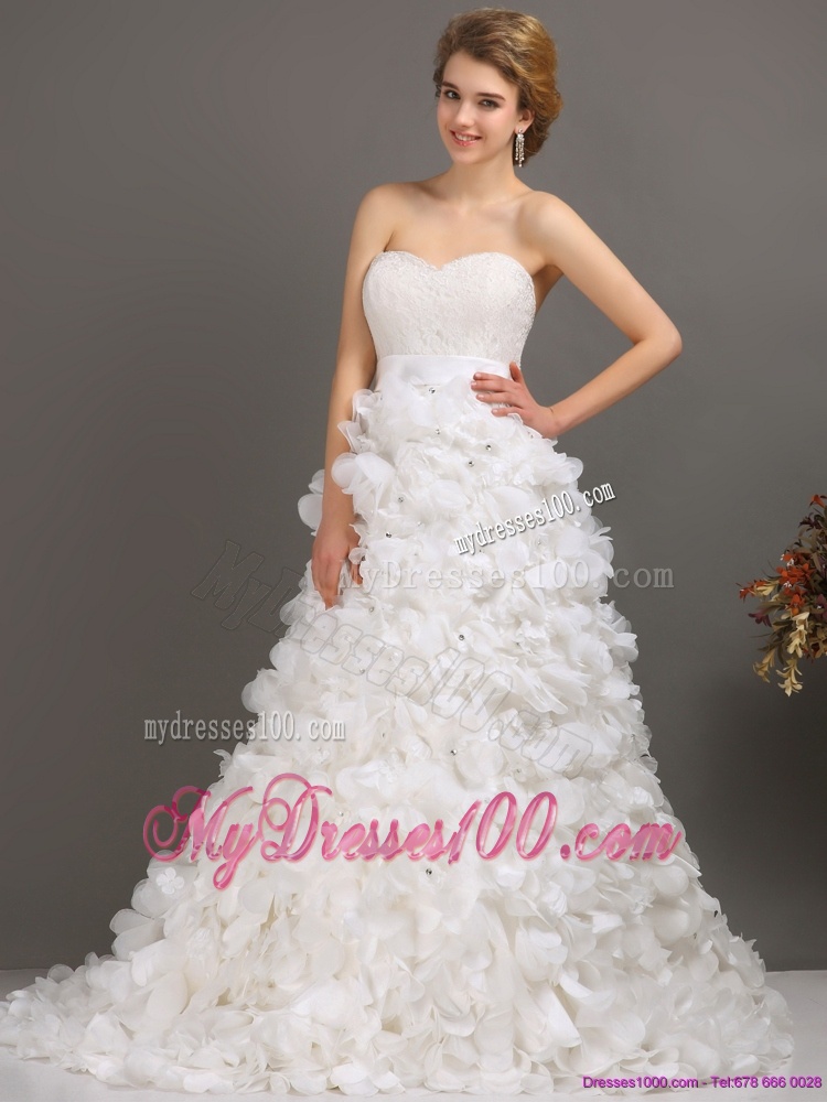 White Sweep Train Ruffled Wedding Dresses with Beading