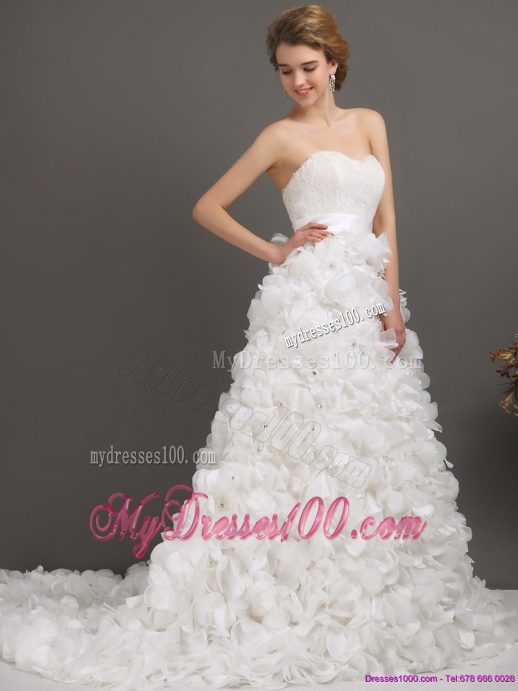 White Sweep Train Ruffled Wedding Dresses with Beading