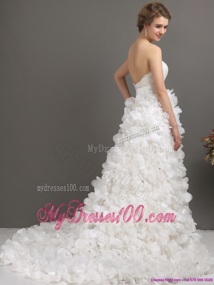 White Sweep Train Ruffled Wedding Dresses with Beading