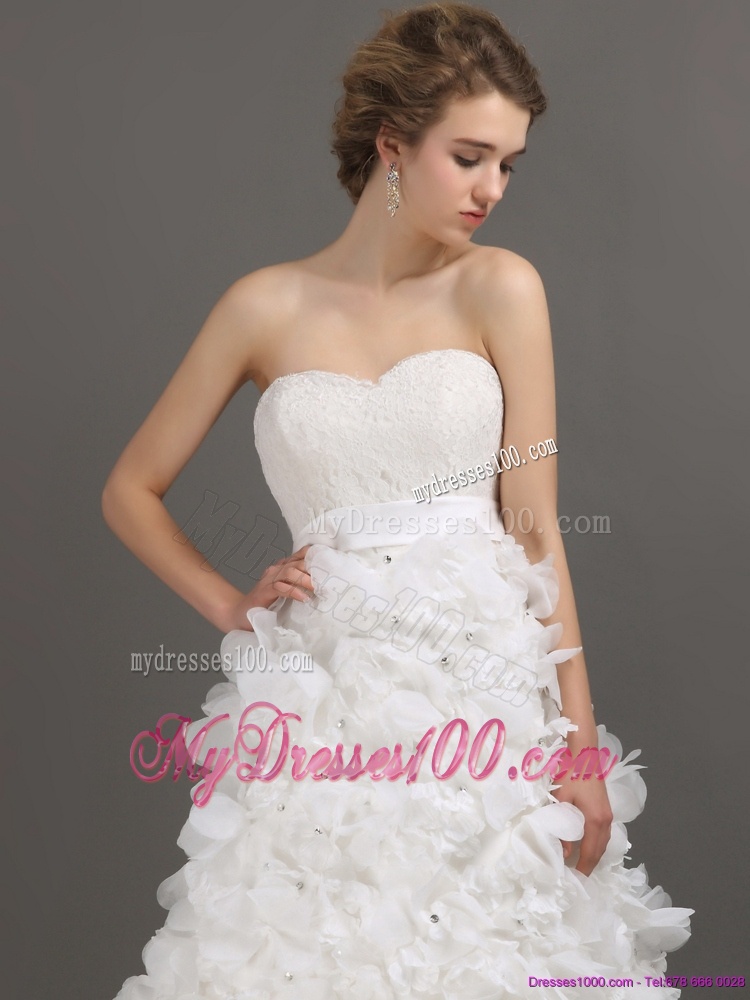 White Sweep Train Ruffled Wedding Dresses with Beading