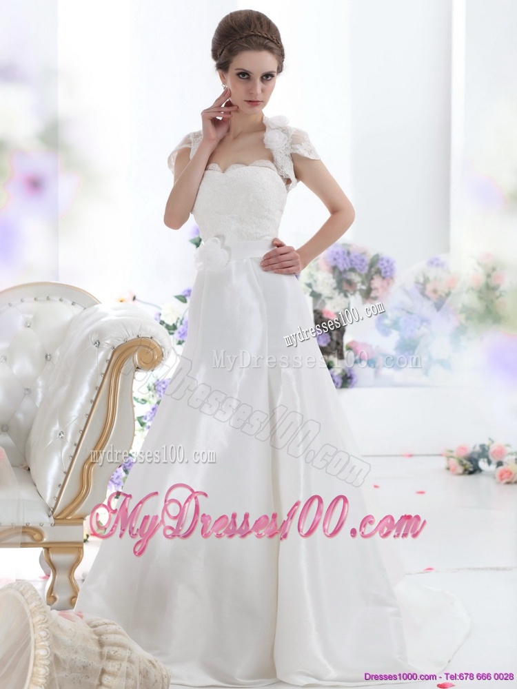 White Sweetheart Brush Train Wedding Dresses with Hand Made Flower and Ruffles