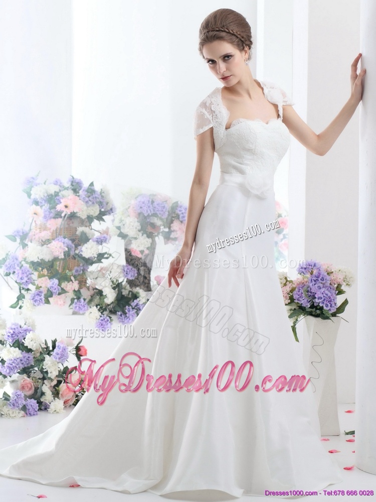 White Sweetheart Brush Train Wedding Dresses with Hand Made Flower and Ruffles