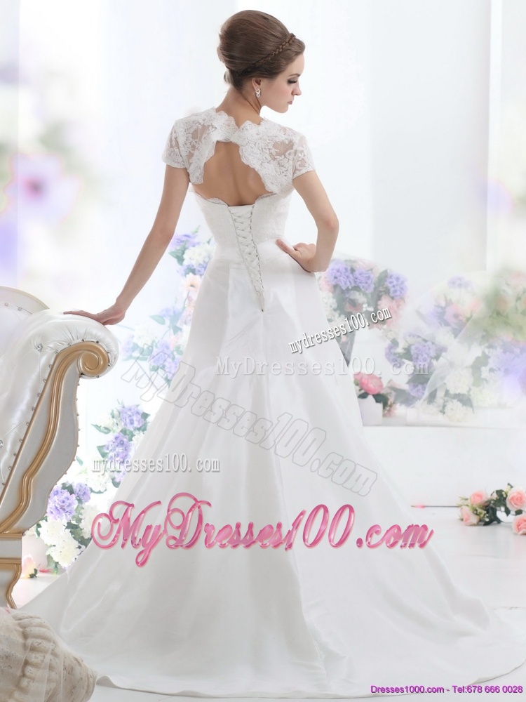 White Sweetheart Brush Train Wedding Dresses with Hand Made Flower and Ruffles