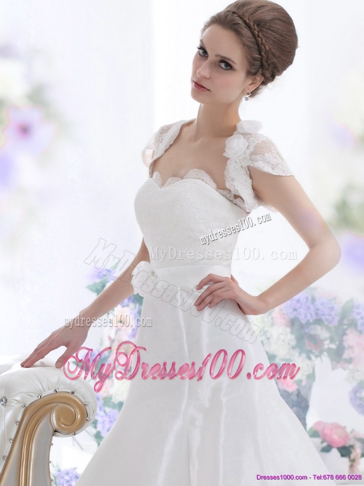 White Sweetheart Brush Train Wedding Dresses with Hand Made Flower and Ruffles