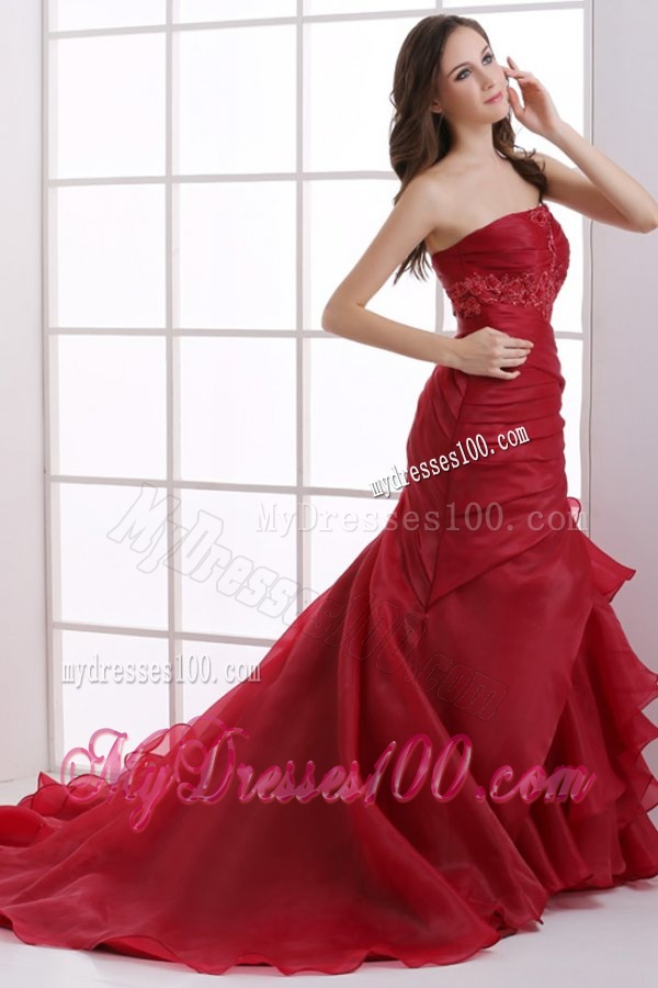 Wine Red Court Train Wedding Dress with Appliques and Ruffles