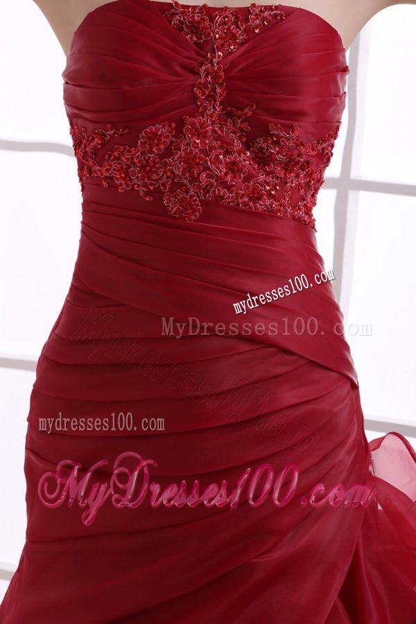 Wine Red Court Train Wedding Dress with Appliques and Ruffles