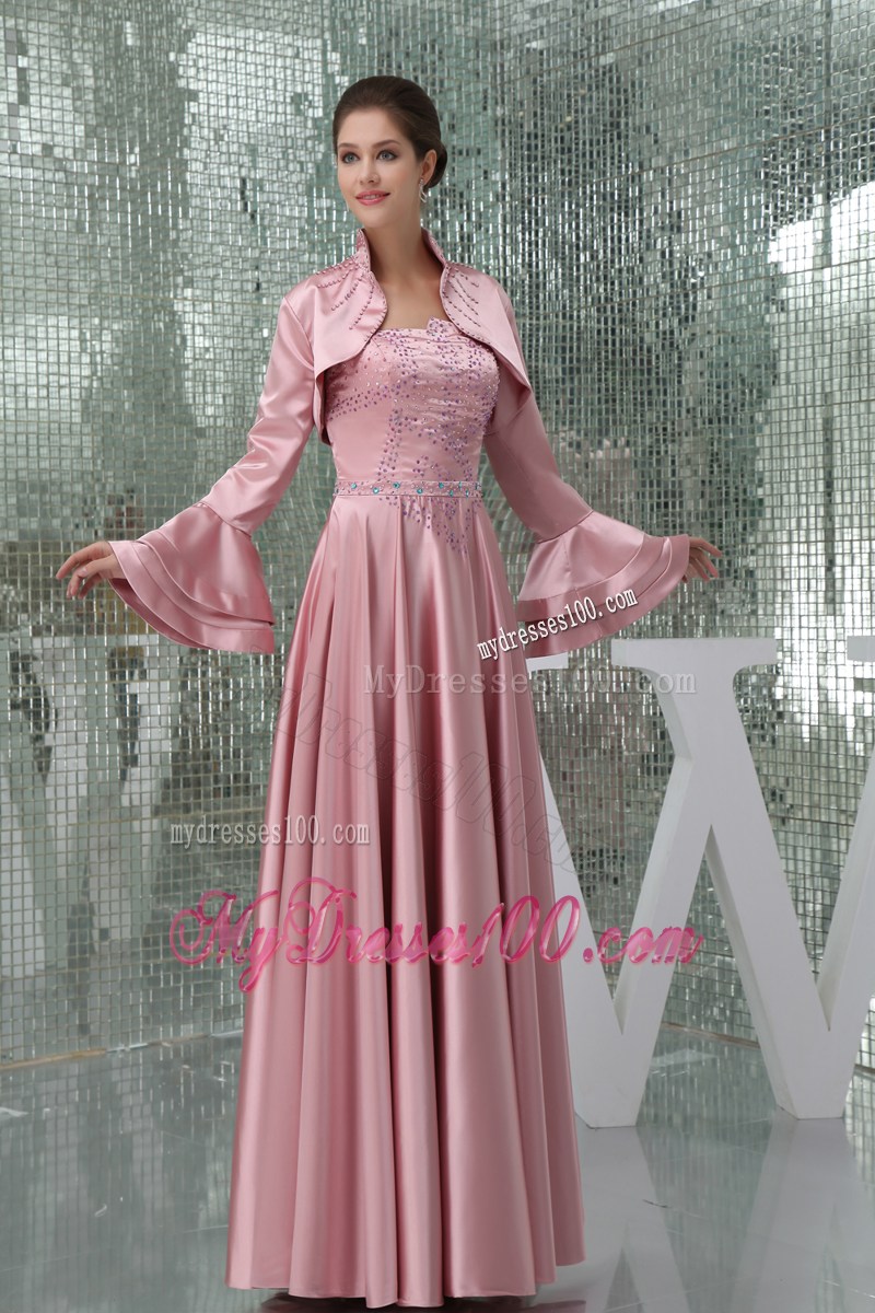Latest Beaded Pink Mother Bride Dress with Flounced Sleeves Jacket