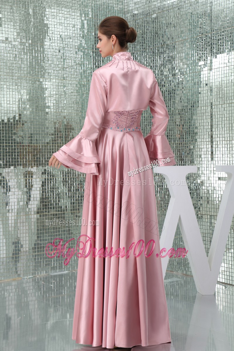 Latest Beaded Pink Mother Bride Dress with Flounced Sleeves Jacket