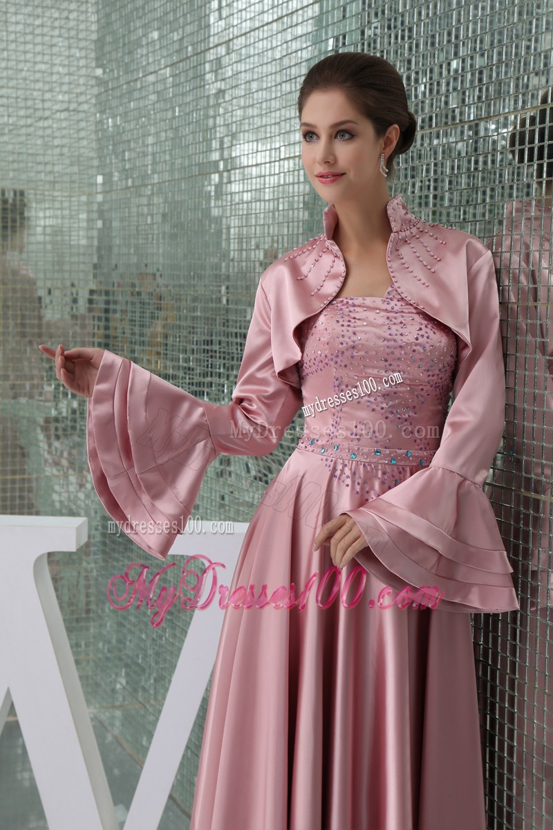 Latest Beaded Pink Mother Bride Dress with Flounced Sleeves Jacket