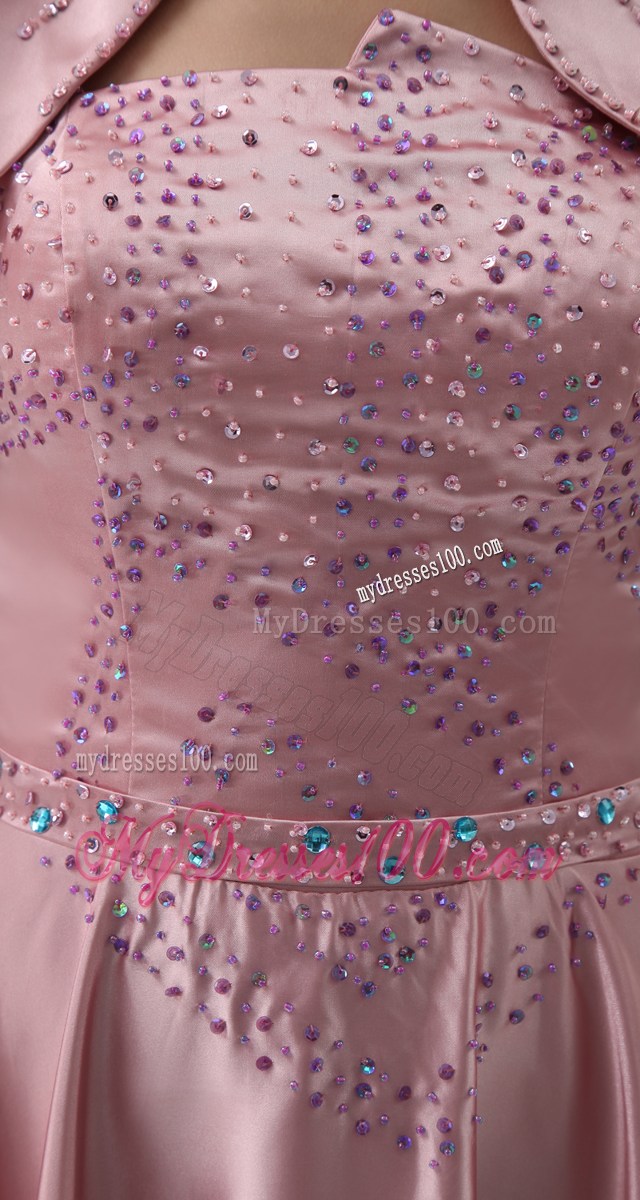 Latest Beaded Pink Mother Bride Dress with Flounced Sleeves Jacket