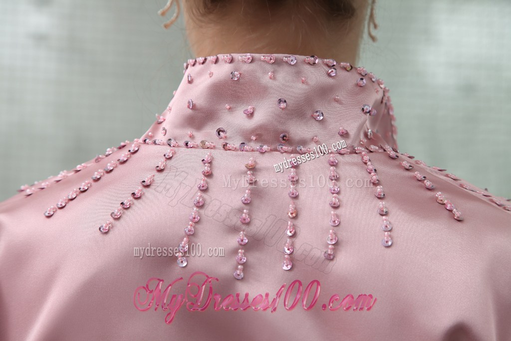 Latest Beaded Pink Mother Bride Dress with Flounced Sleeves Jacket