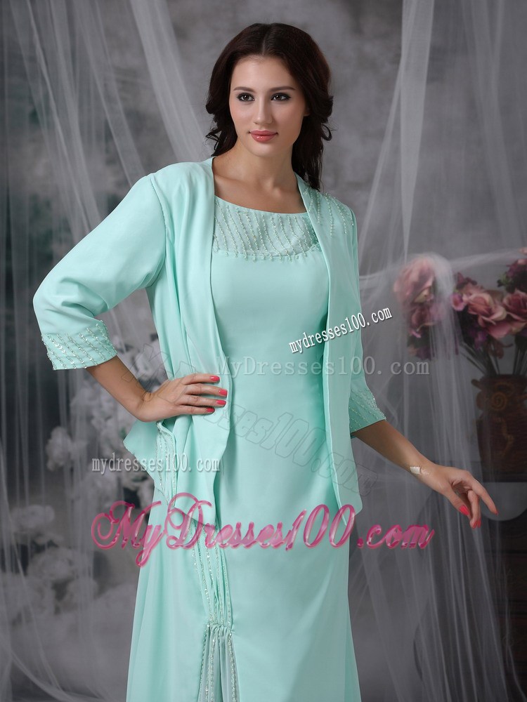 Apple Green Sheath Scoop Beading Mother of the Bride Dress with Coat
