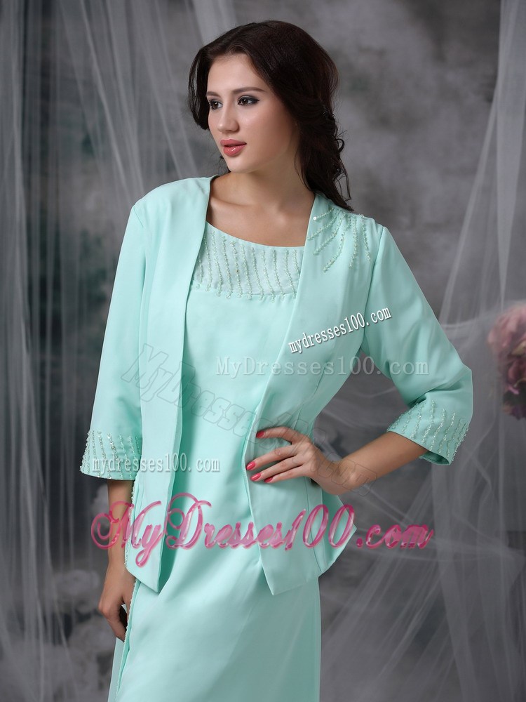 Apple Green Sheath Scoop Beading Mother of the Bride Dress with Coat