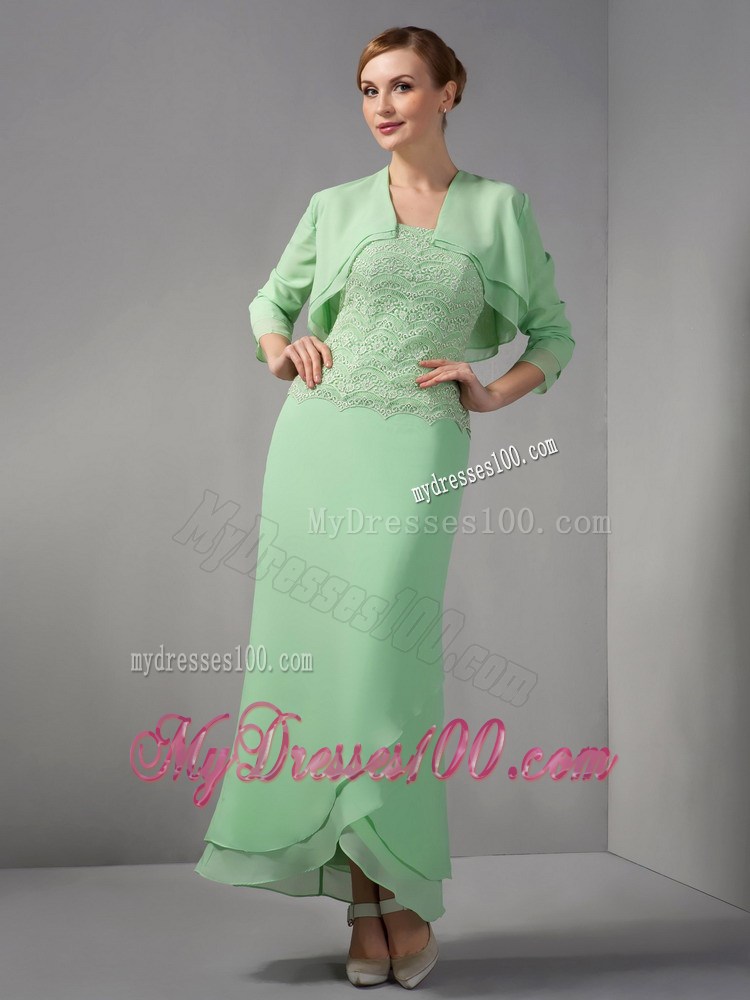 Apple Green Column Strapless Ankle-length Appliques Mother Dress