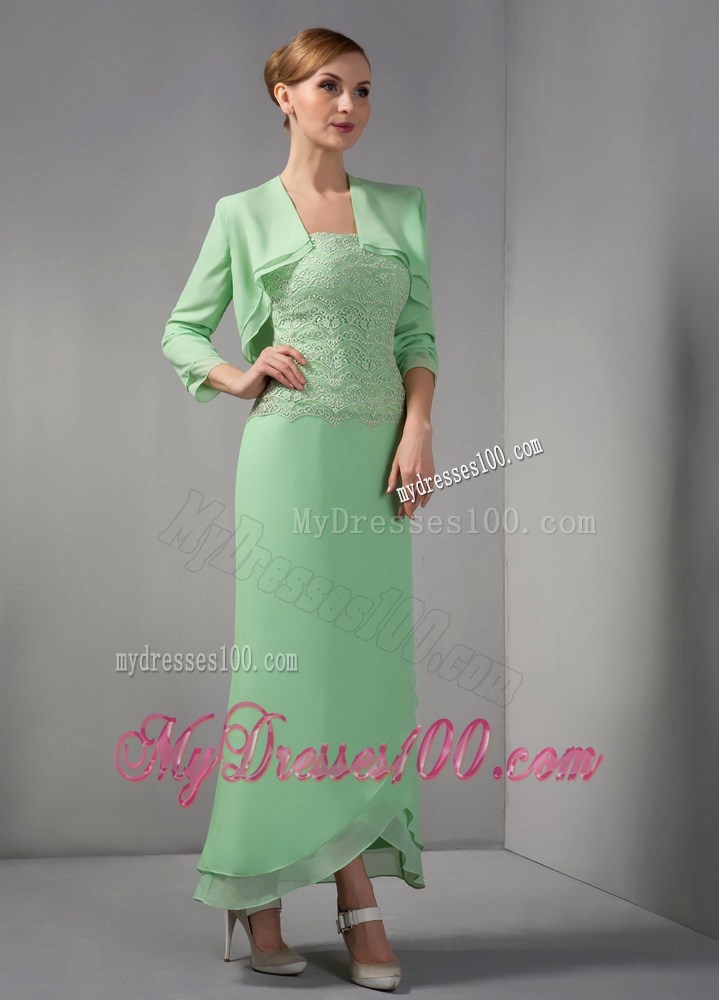 Apple Green Column Strapless Ankle-length Appliques Mother Dress