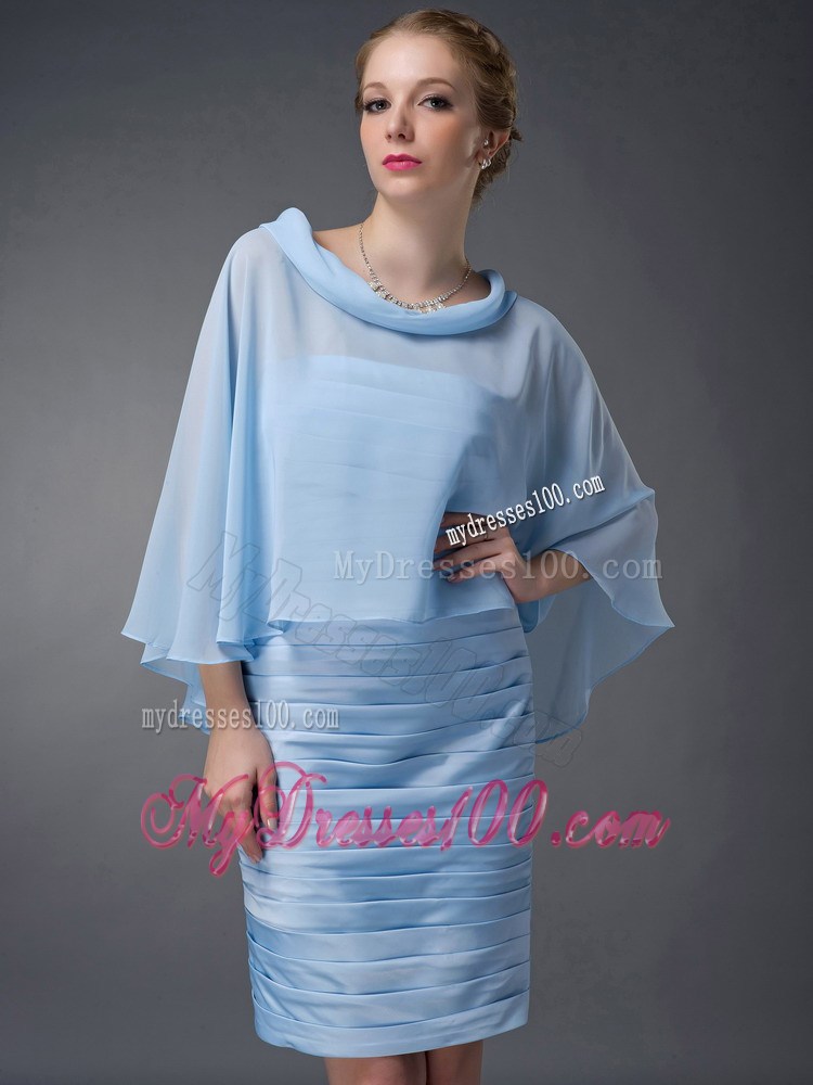 Baby Blue Column Scoop Knee-length Ruche Mother of the Bride Dress