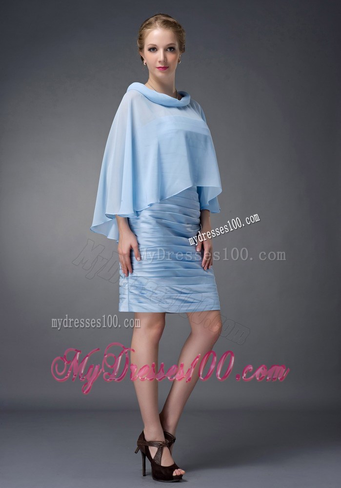 Baby Blue Column Scoop Knee-length Ruche Mother of the Bride Dress