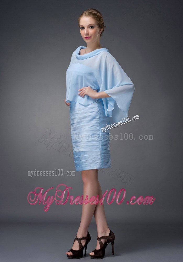 Baby Blue Column Scoop Knee-length Ruche Mother of the Bride Dress