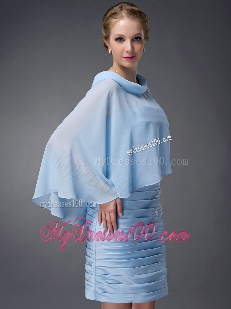Baby Blue Column Scoop Knee-length Ruche Mother of the Bride Dress