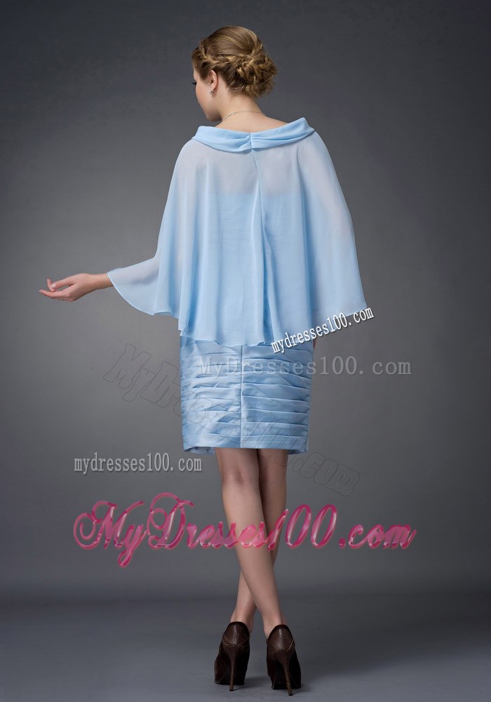 Baby Blue Column Scoop Knee-length Ruche Mother of the Bride Dress
