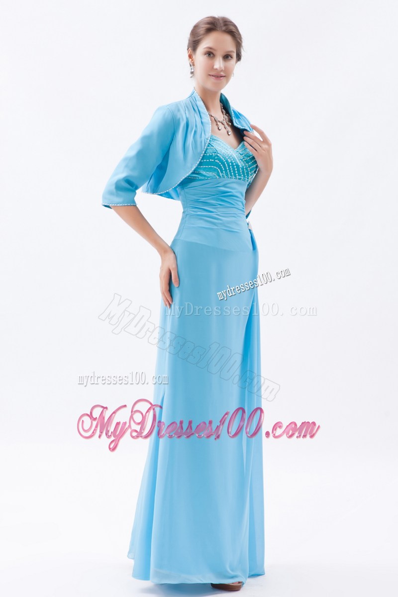 Beaded Bust and Straps Blue Long Mother Of The Bride Dress