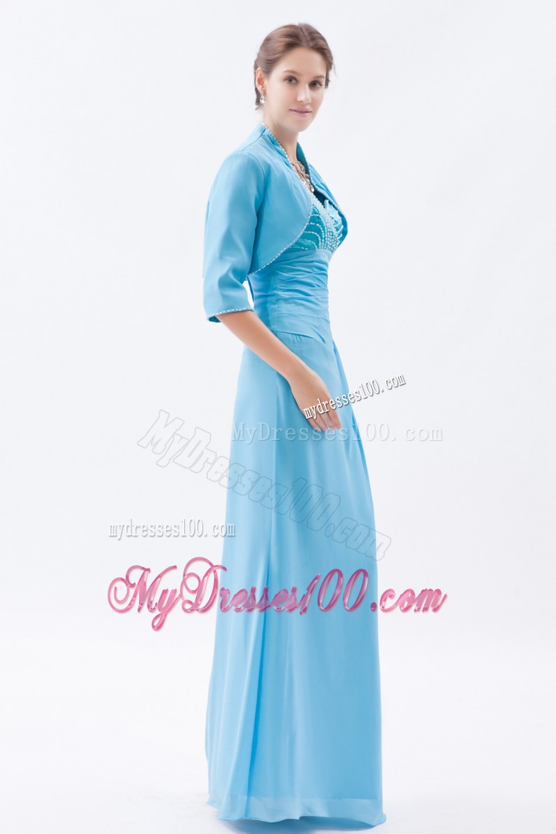 Beaded Bust and Straps Blue Long Mother Of The Bride Dress