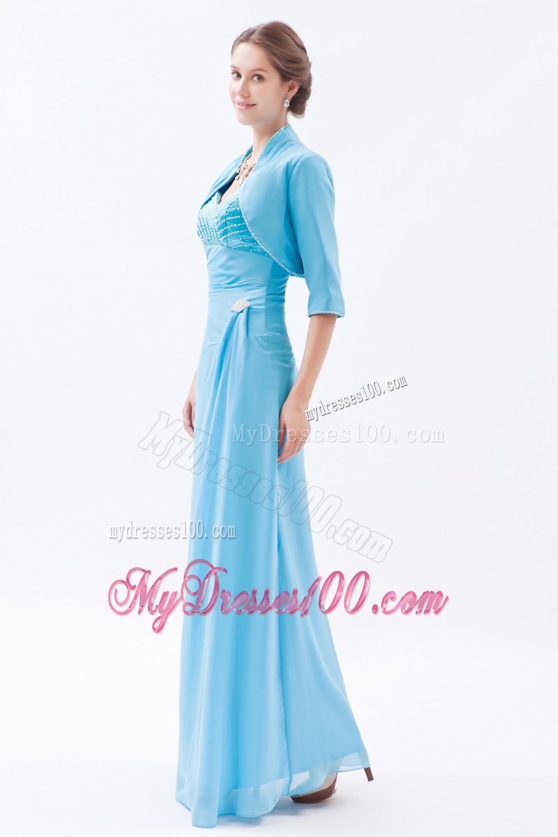 Beaded Bust and Straps Blue Long Mother Of The Bride Dress