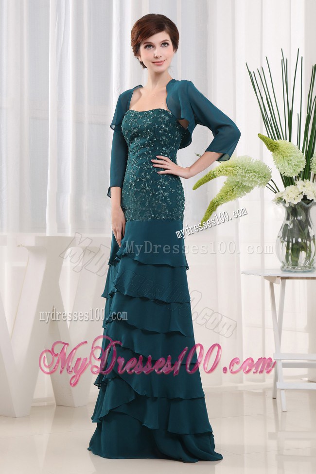 Beading Column Strapless Chiffon Floor-length Teal Mother Bride Dress