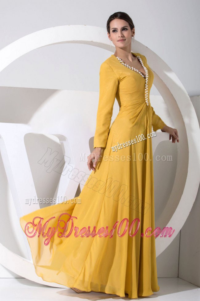 Beading Decorate Bodice Gold Long Sleeves Mother Dress For 2013