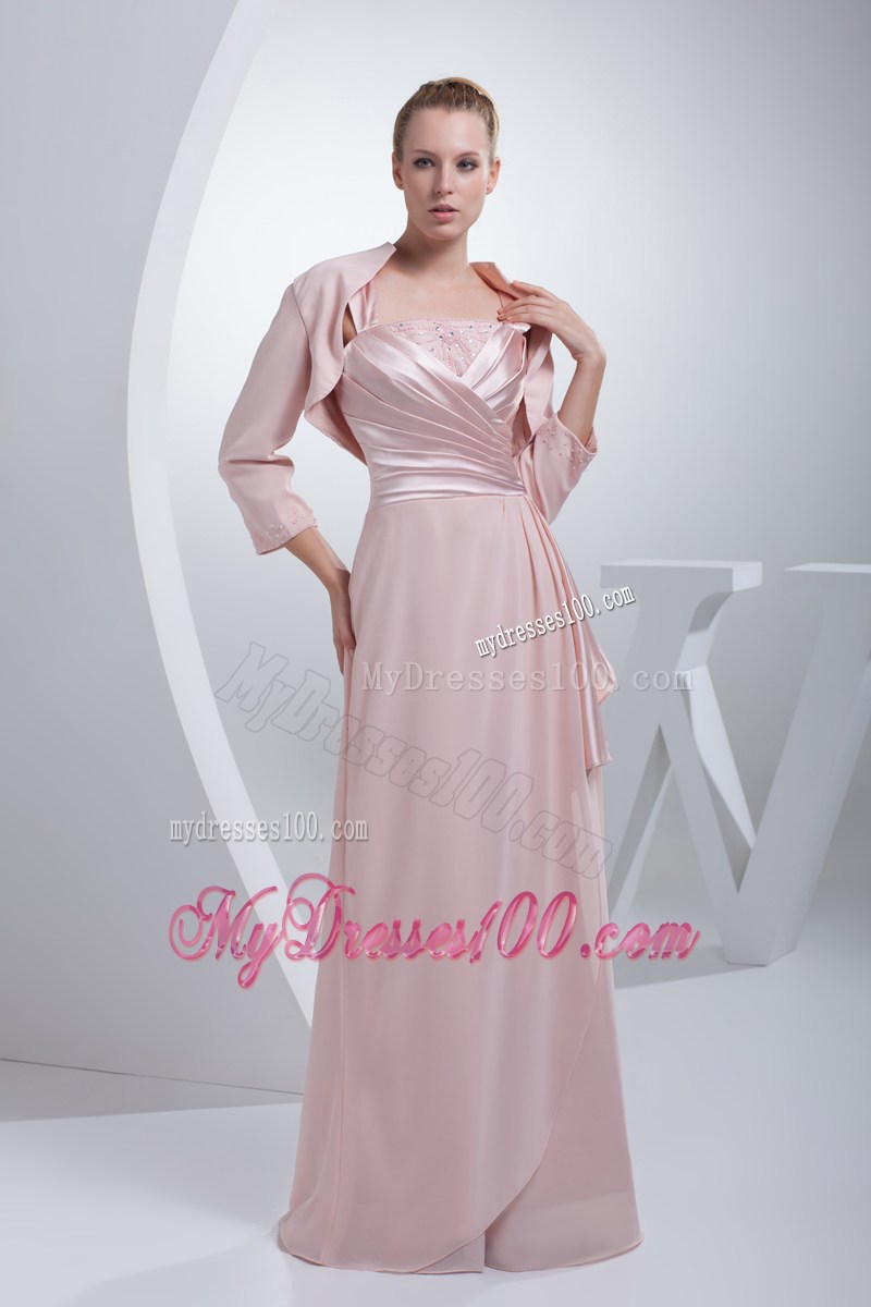 Baby Pink Ruched Mother Of The Groom Dress with Wide Straps