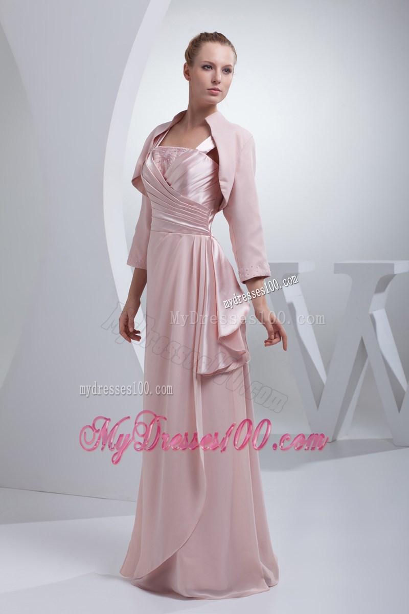 Baby Pink Ruched Mother Of The Groom Dress with Wide Straps