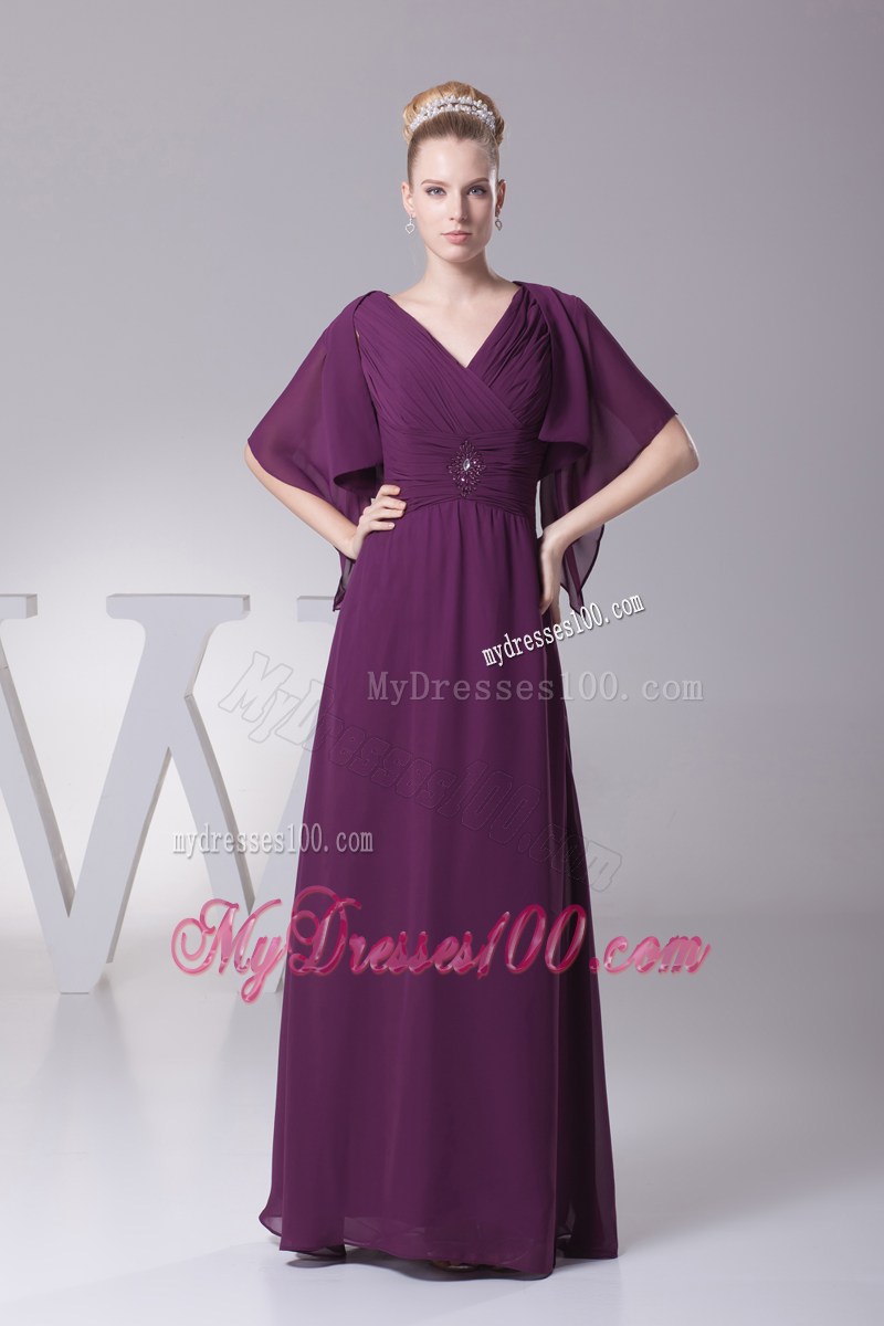 V-neck Purple Mother In Law Dress with Butterfly Sleeves Jacket