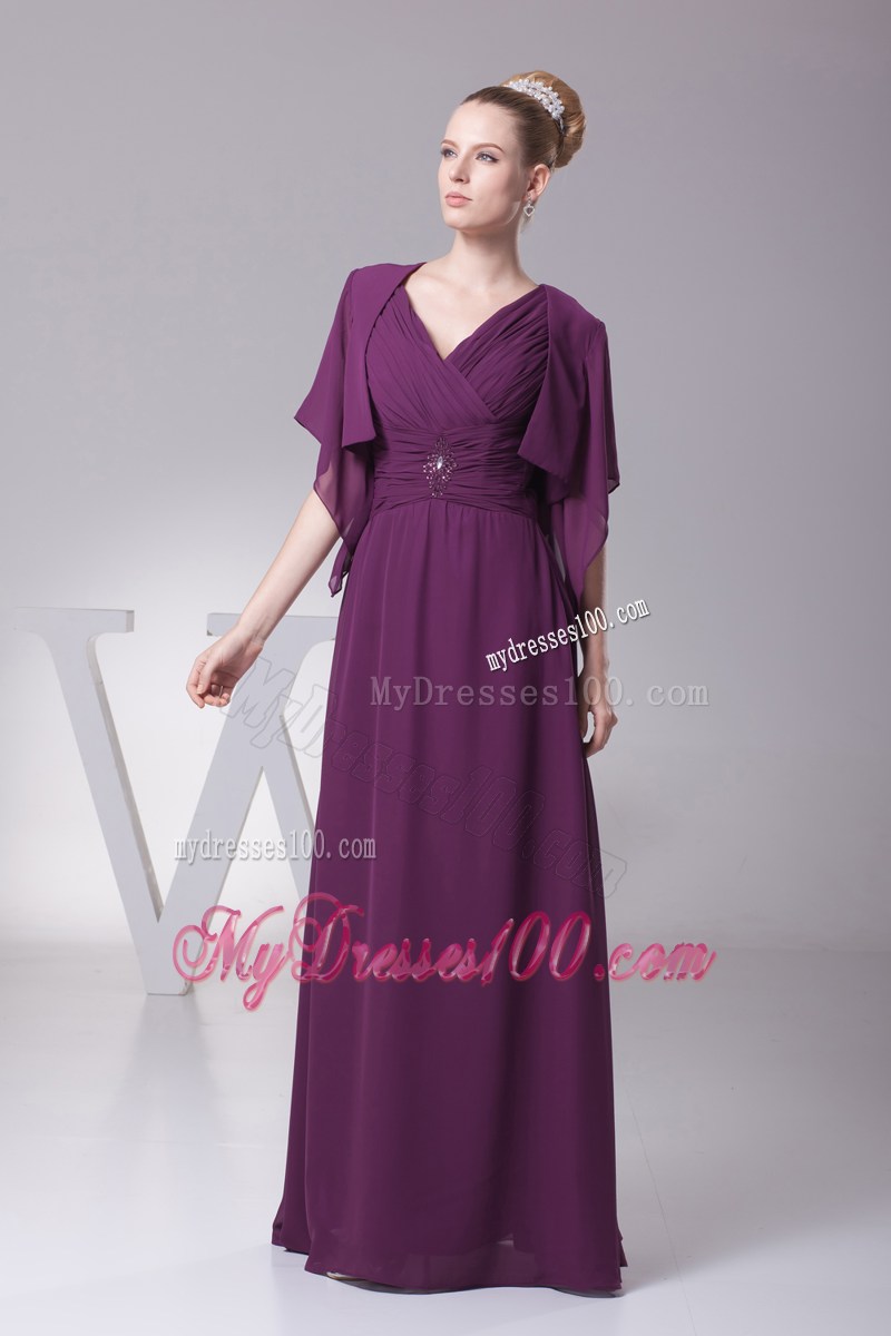 V-neck Purple Mother In Law Dress with Butterfly Sleeves Jacket