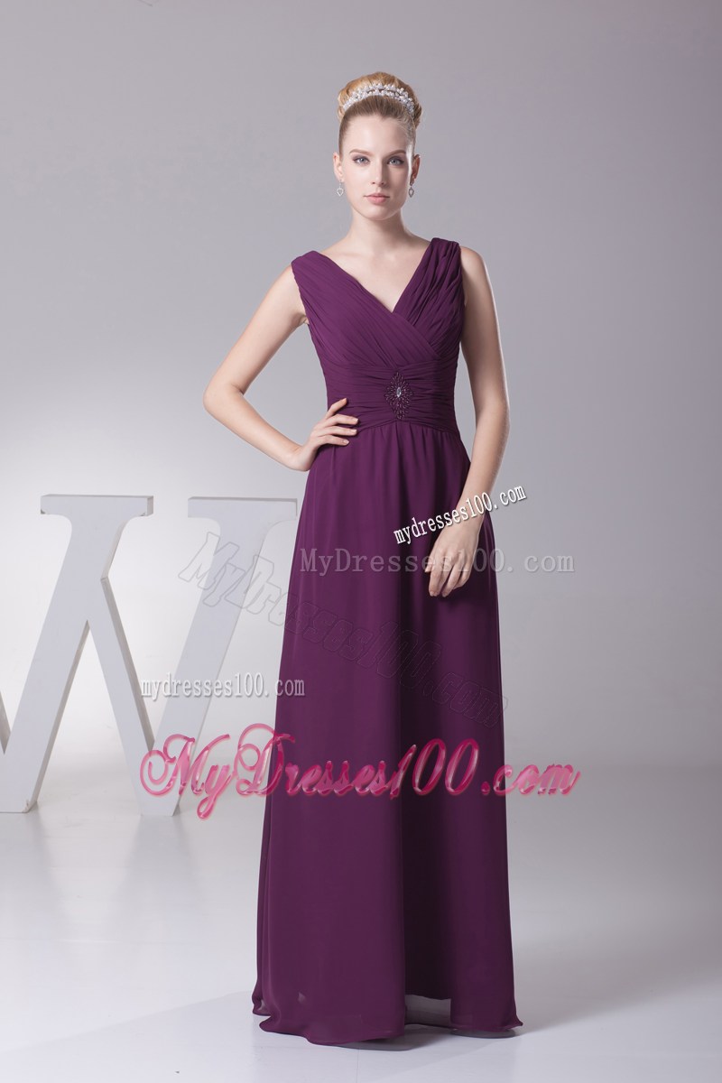 V-neck Purple Mother In Law Dress with Butterfly Sleeves Jacket