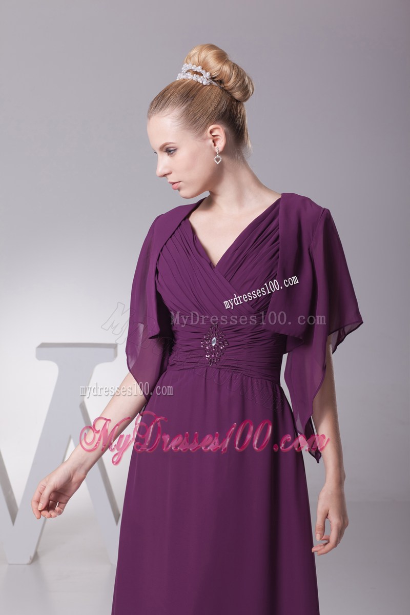 V-neck Purple Mother In Law Dress with Butterfly Sleeves Jacket