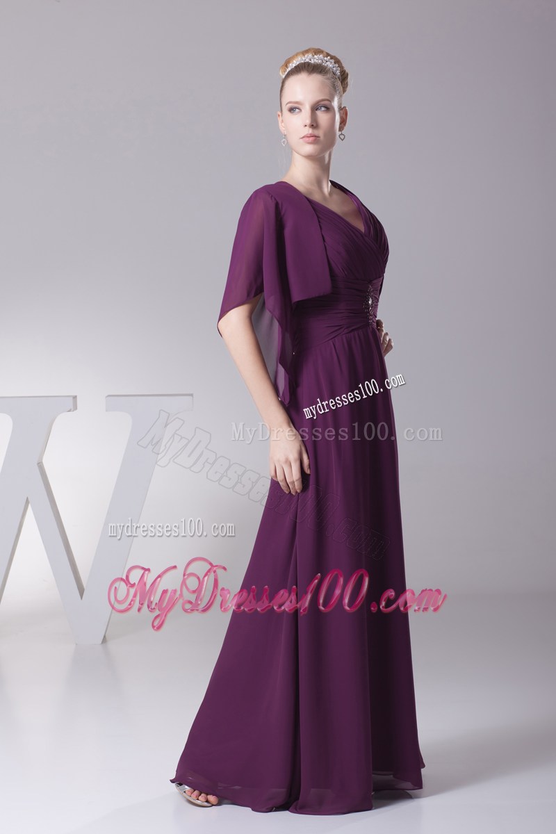 V-neck Purple Mother In Law Dress with Butterfly Sleeves Jacket