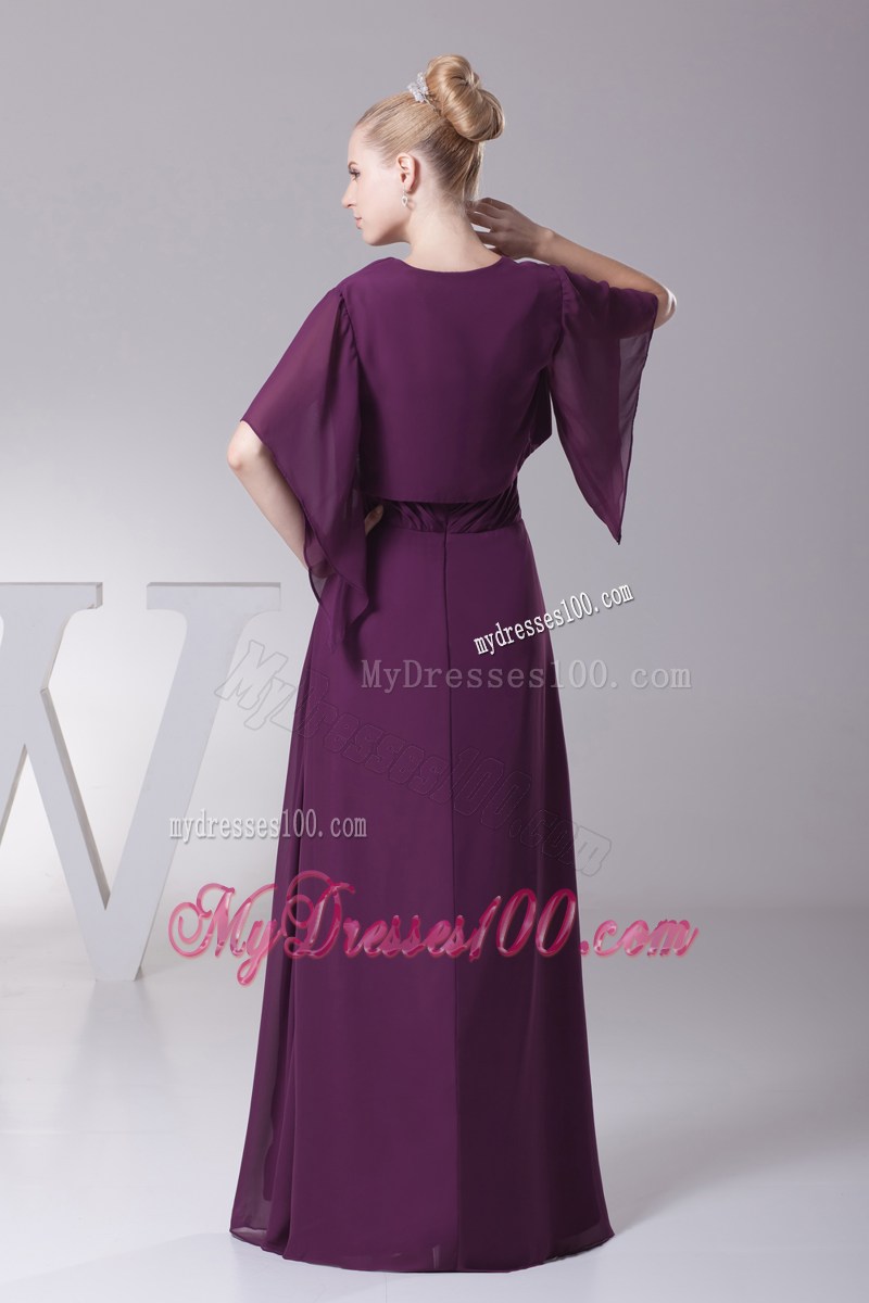 V-neck Purple Mother In Law Dress with Butterfly Sleeves Jacket