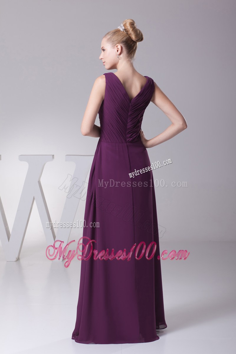 V-neck Purple Mother In Law Dress with Butterfly Sleeves Jacket